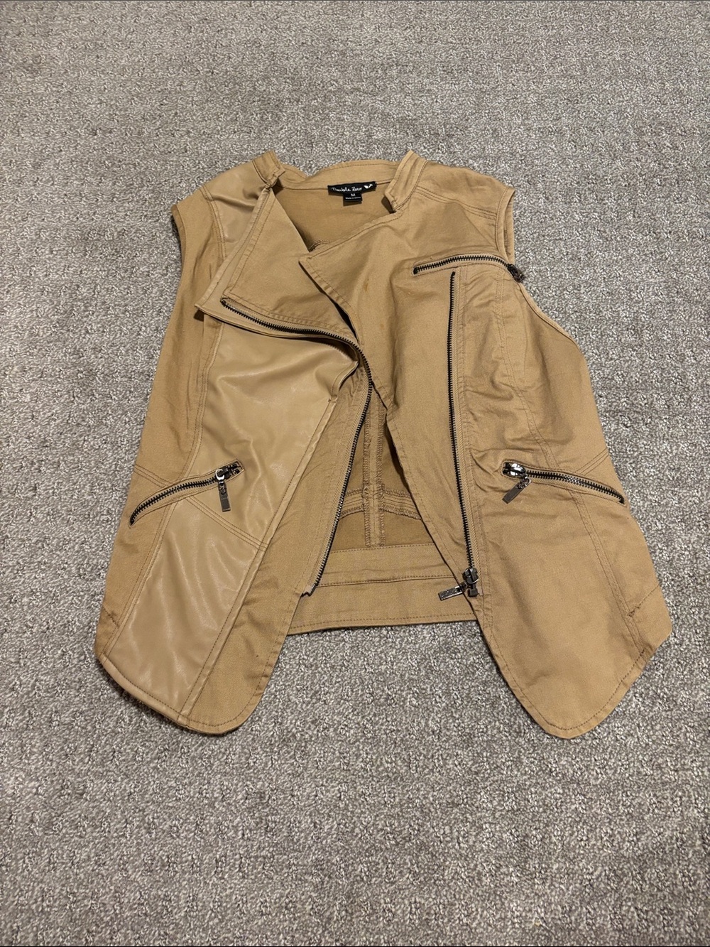 Double Zero Tan Faux-Leather Moto Vest with Zippers